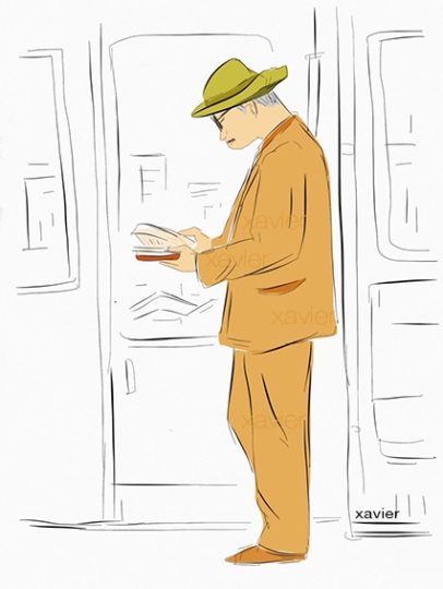 Lector japonés en el metro de Kyoto,carnet de voyage de xavier,sketchbook of japan, digital drawing