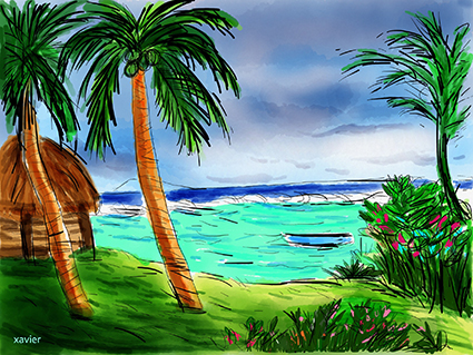 découverte, guide de voyages ile maurice, bord de mer bare de corails sous les palmiers, dessins xavier artiste illustrateur dessinateur press